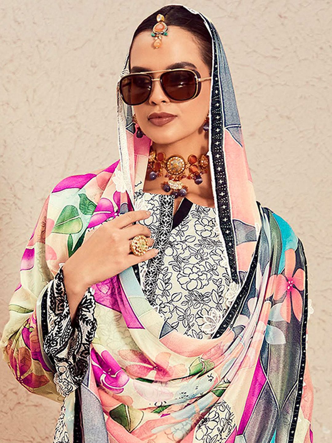 Anouk Floral Printed Thread Work Kurta With Trousers & Dupatta