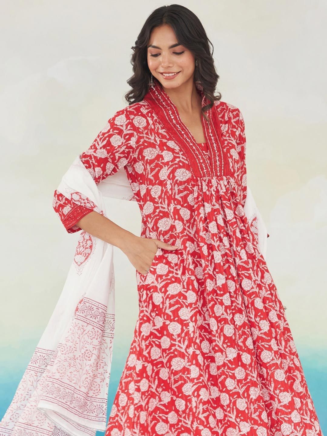 Anouk Floral Printed Pleated Beads And Stones Pure Cotton Kurta With Trousers & Dupatta