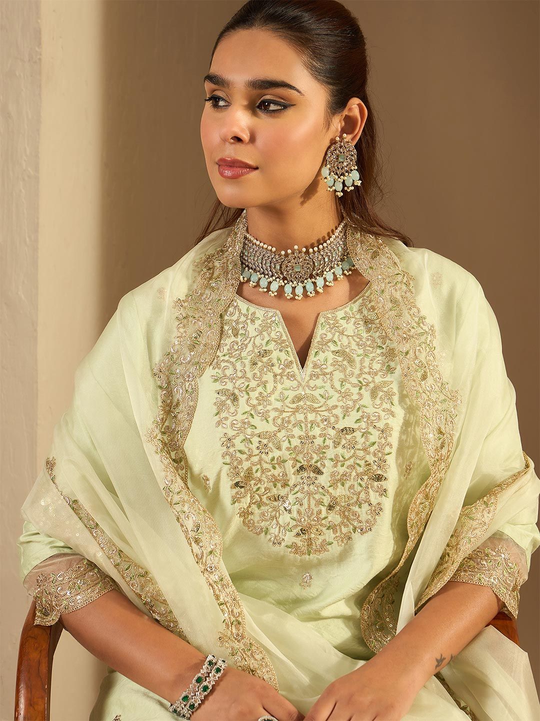 Anouk Women Floral Embroidered Regular Liva Kurta with Trousers & Dupatta