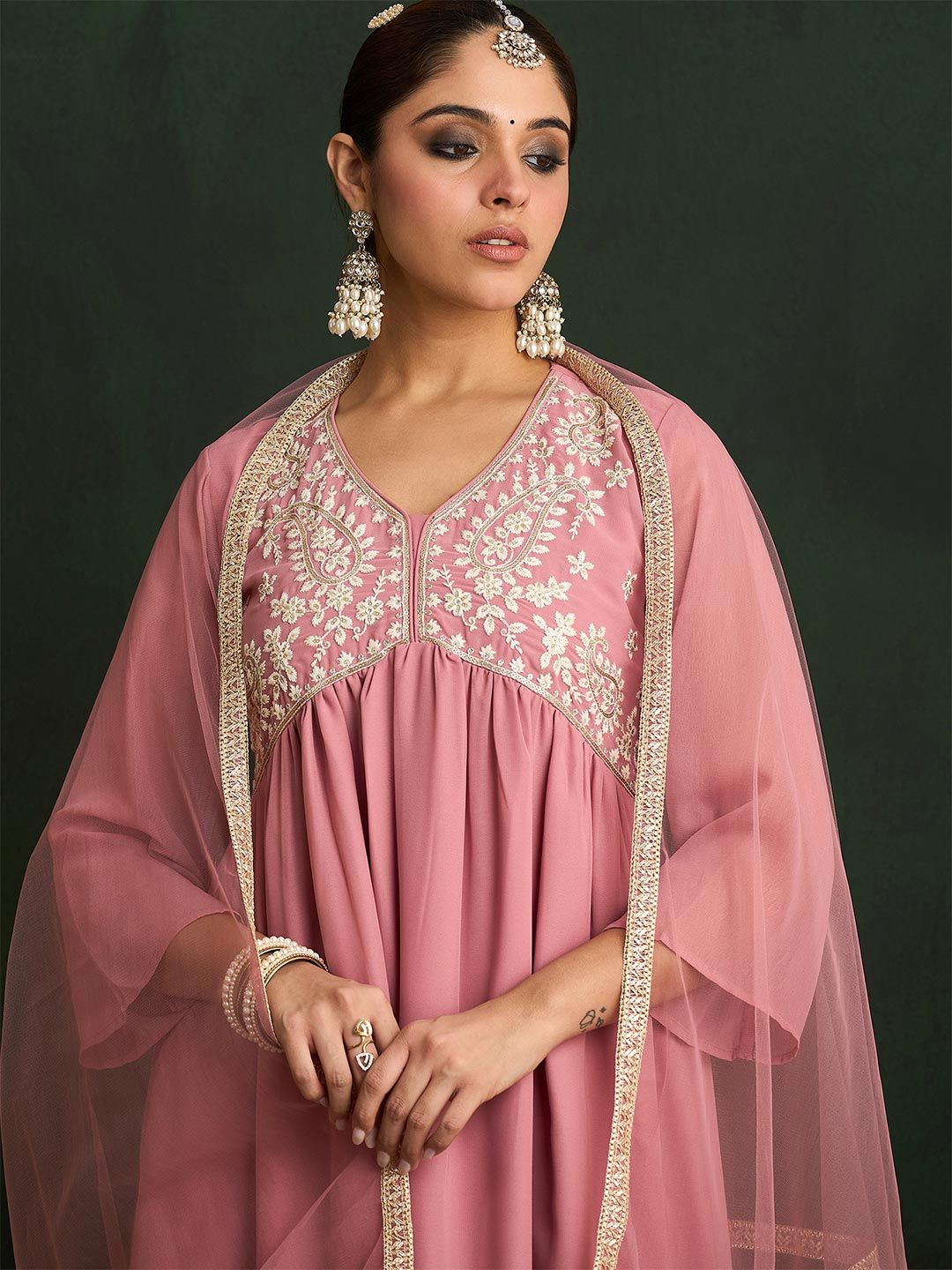 Anouk Ethnic Motifs Yoke Design Pleated Thread Work Kurta With Trousers & Dupatta