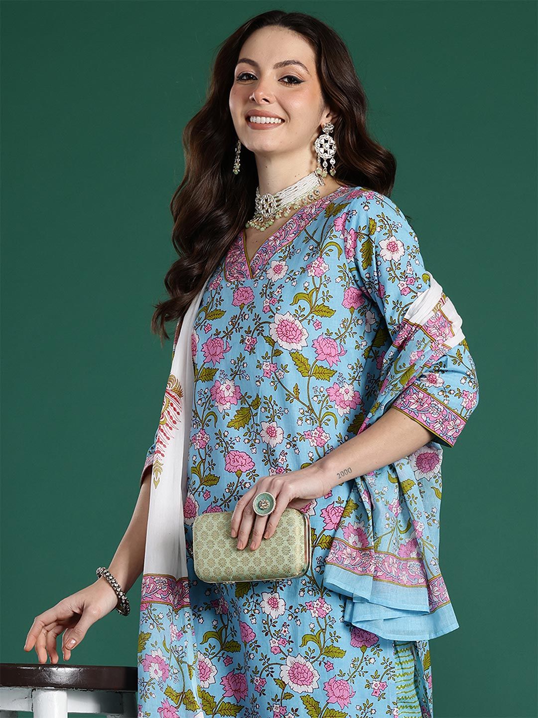 Anouk Women Floral Printed Regular Pure Cotton Kurta with Trousers & Dupatta