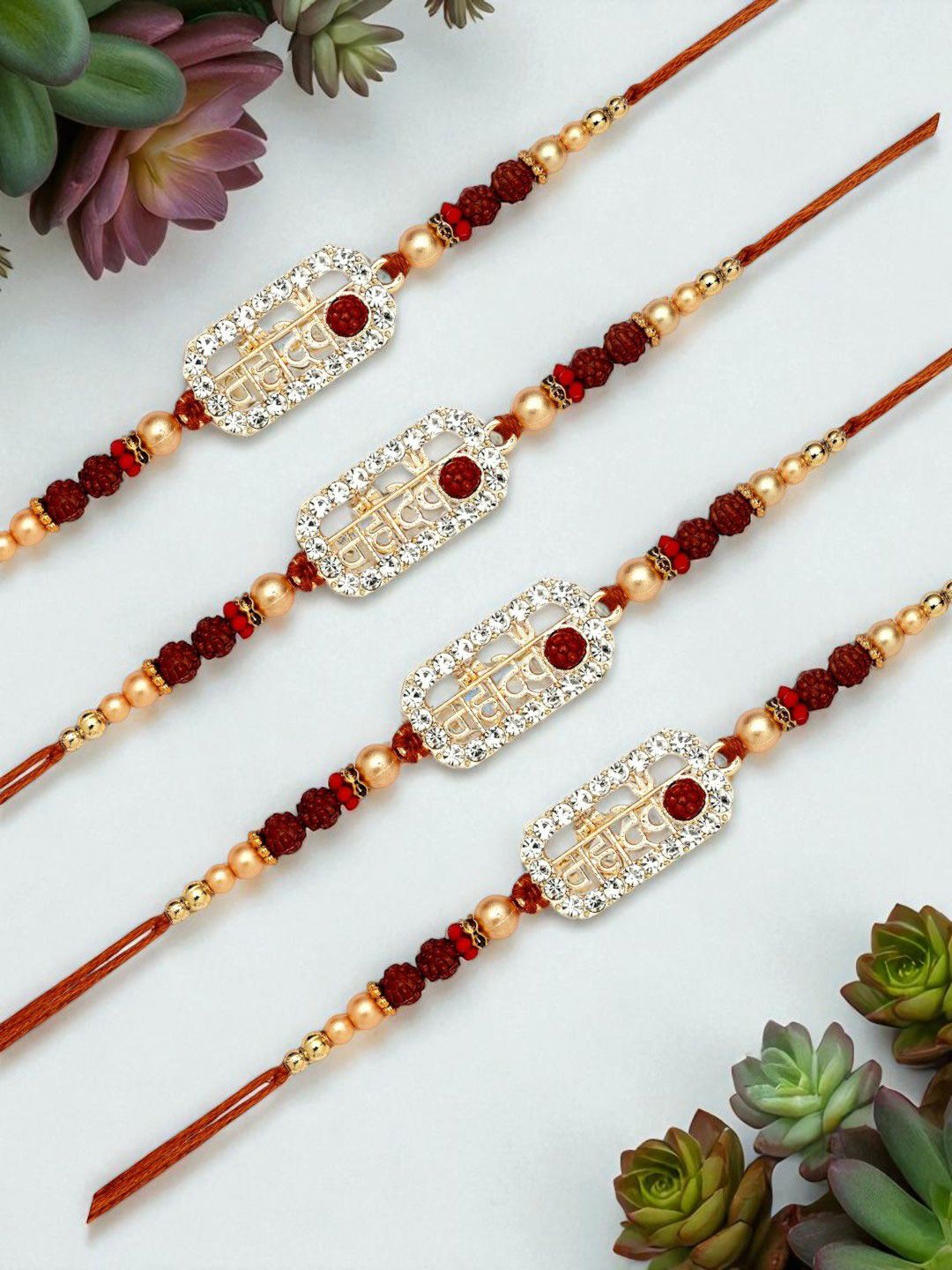 ADIVA Cubic Zirconia Studded & Beaded Rakhi With Bag & Pooja Thali Roli Chawal Gift Set-picture-39