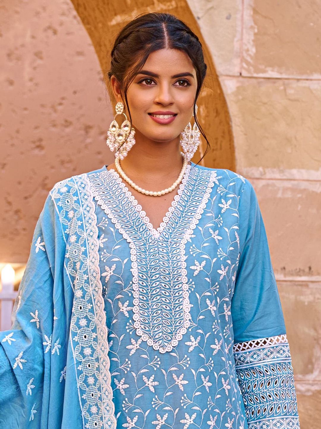 Indo Era Women Floral Embroidered Thread Work Pure Cotton Kurta with Trousers & Dupatta