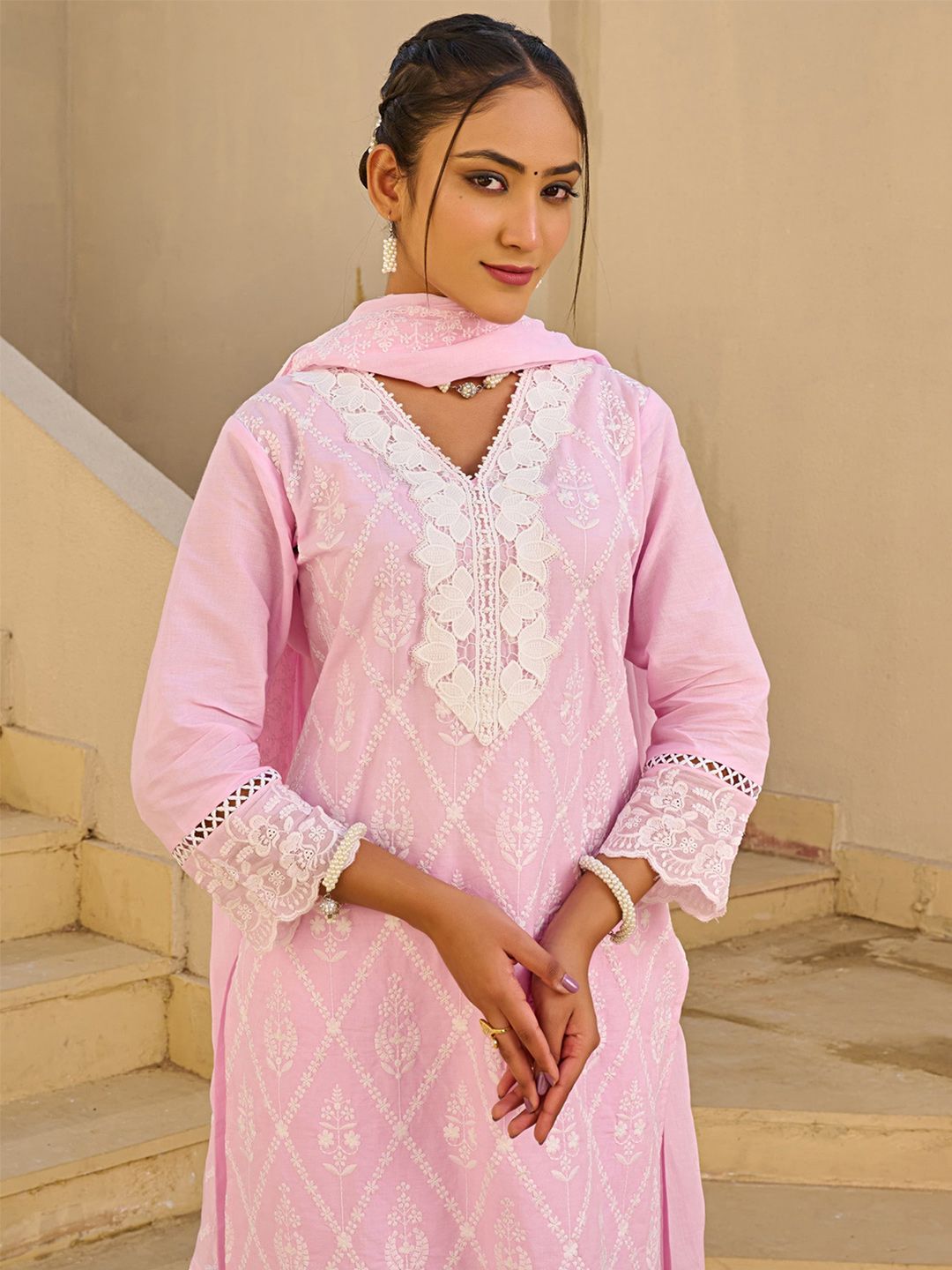 Indo Era Women Embroidered Regular Thread Work Pure Cotton Kurta Set With Dupatta