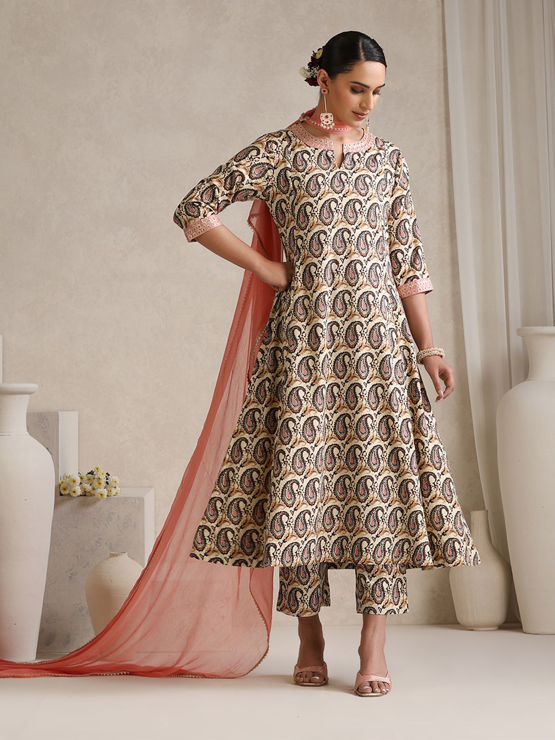 Khushal K Floral Printed Beads And Stones Anarkali Kurta With Palazzos & Dupatta