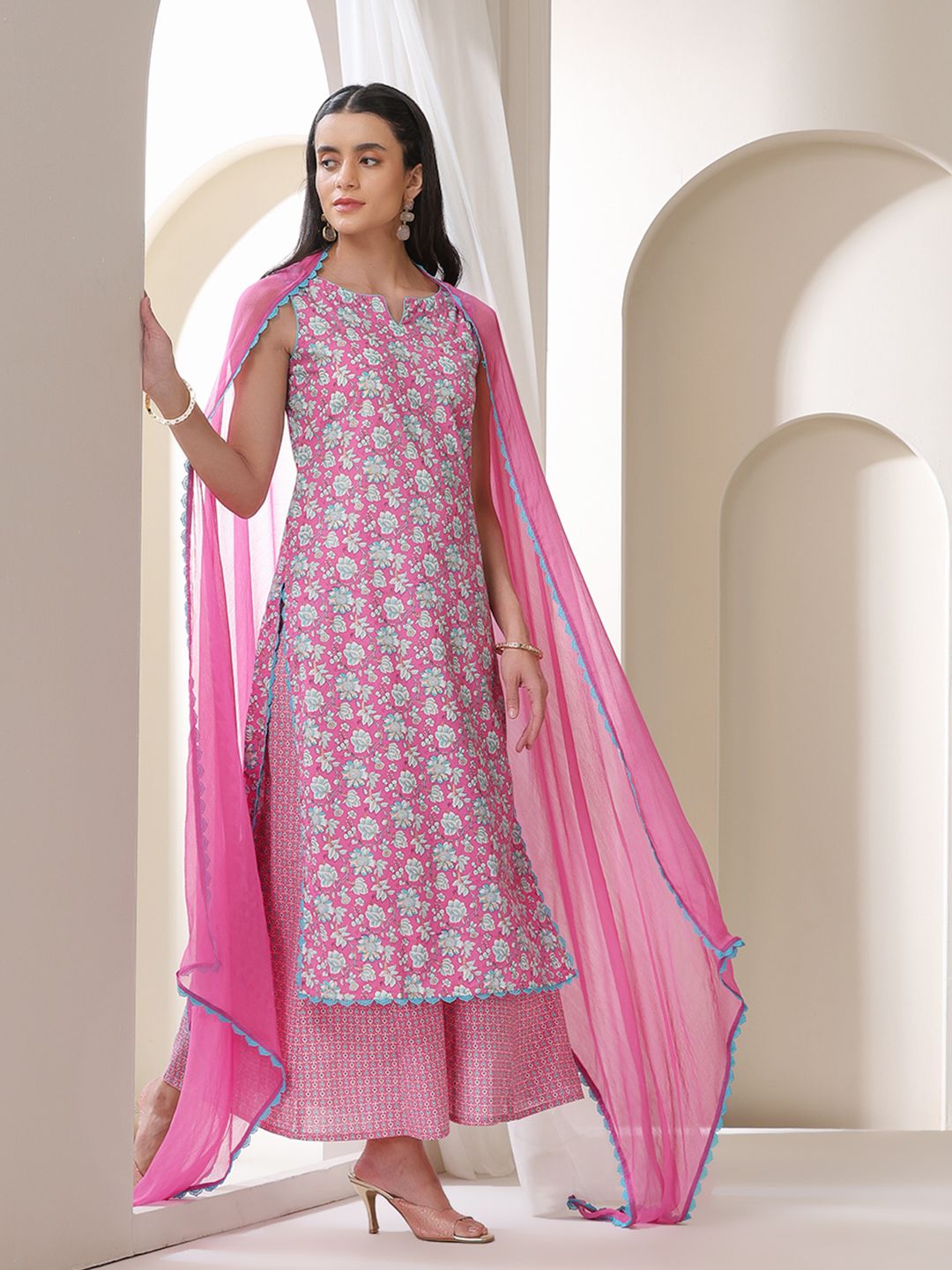 Khushal K Floral Printed Notch Neck Cotton Straight Kurta With Palazzos & Dupatta