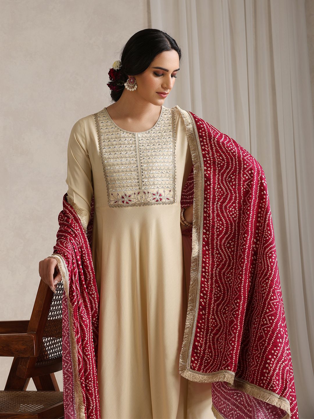 Khushal K Yoke Or Border Embroidered Regular Anarkali Kurta With Palazzos & Dupatta