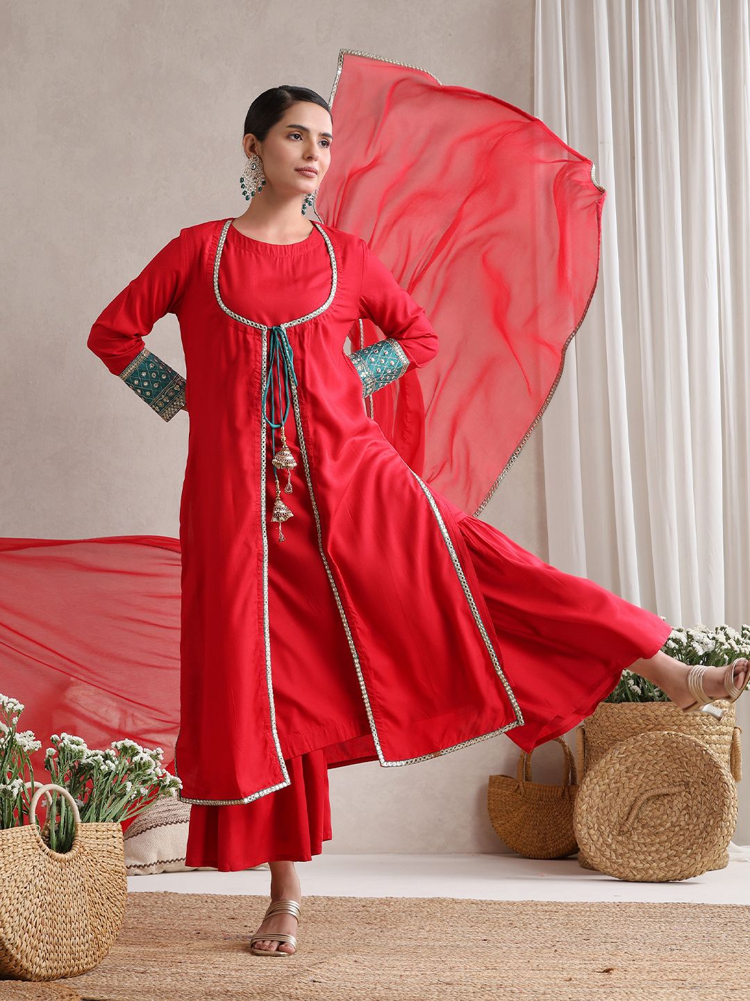 Khushal K Women Solid A-Line Kurta with Sharara & Dupatta
