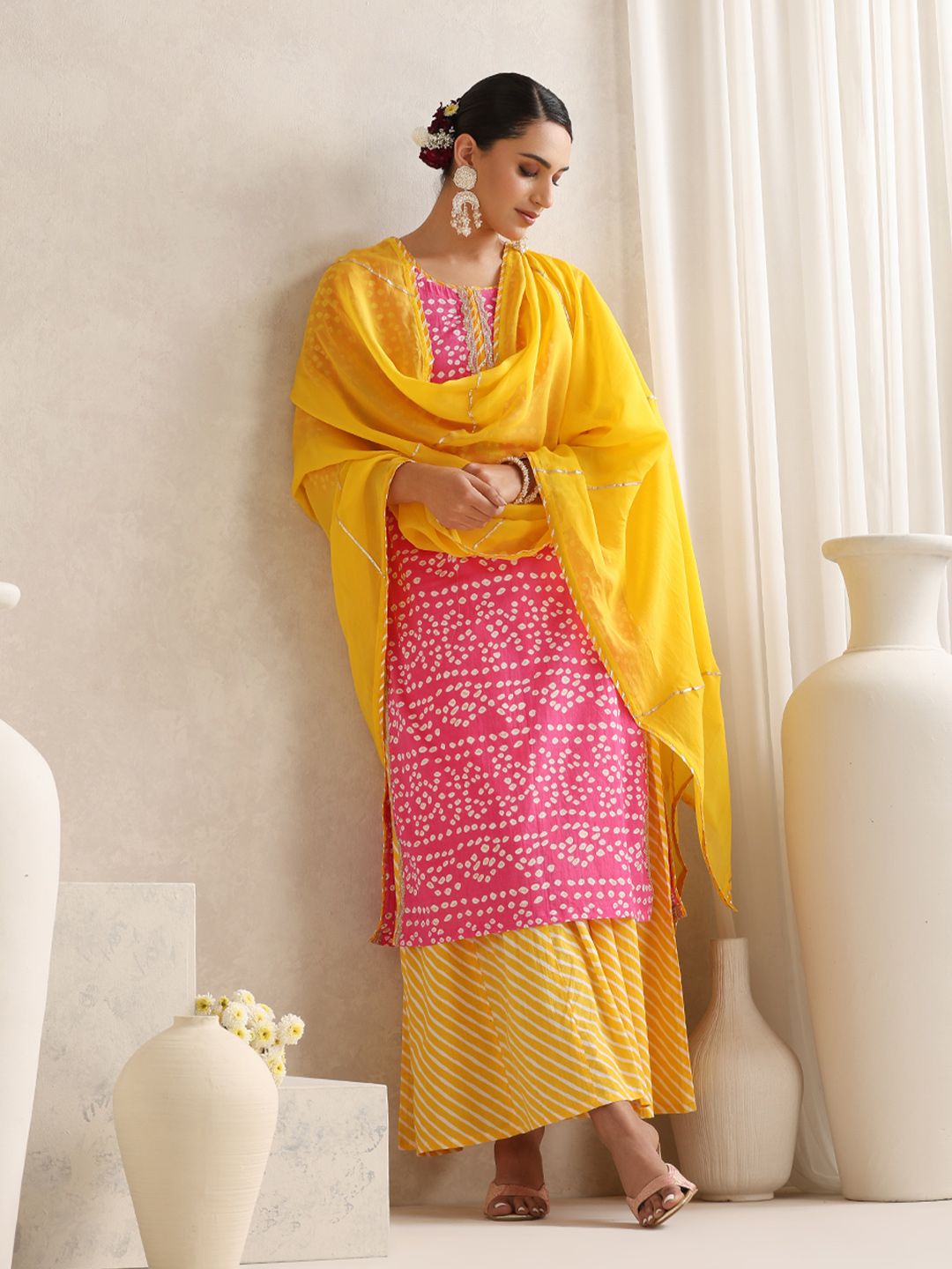 Khushal K  Printed Round Neck Pure Cotton Straight Kurta With Palazzos & Dupatta