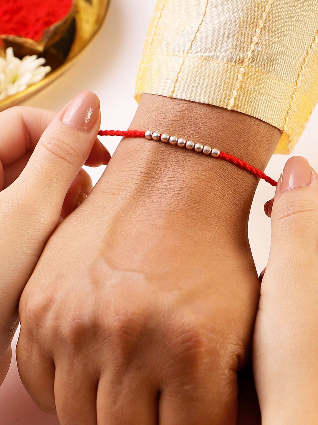 Zavya 925 Pure Silver Beaded Thread Rakhi With Roli Chawal-picture-22