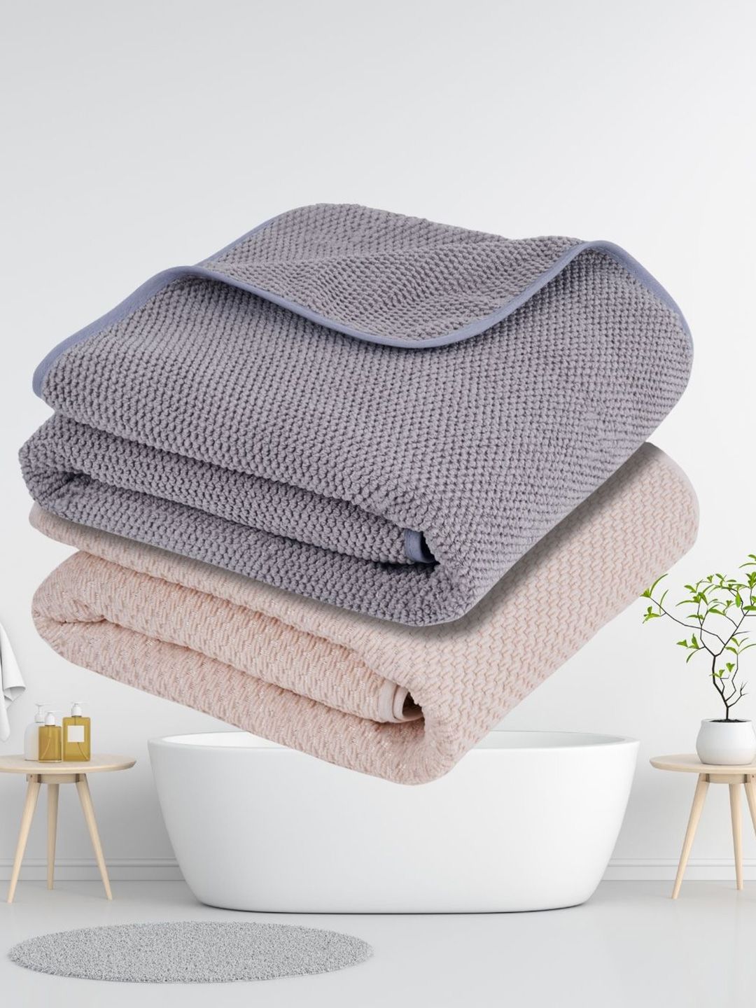 Fezora Grey & Cream-Coloured 2 Pieces Microfiber 320 GSM Bath Towels-picture-33
