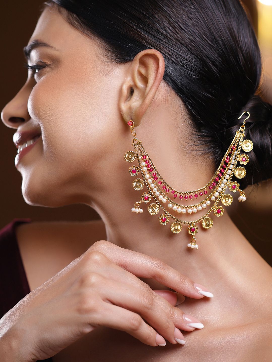 Rubans 22K Gold-Plated Ruby Pink & Pearl Beaded Triple Layer Traditional Ear Kan Chain-picture-35