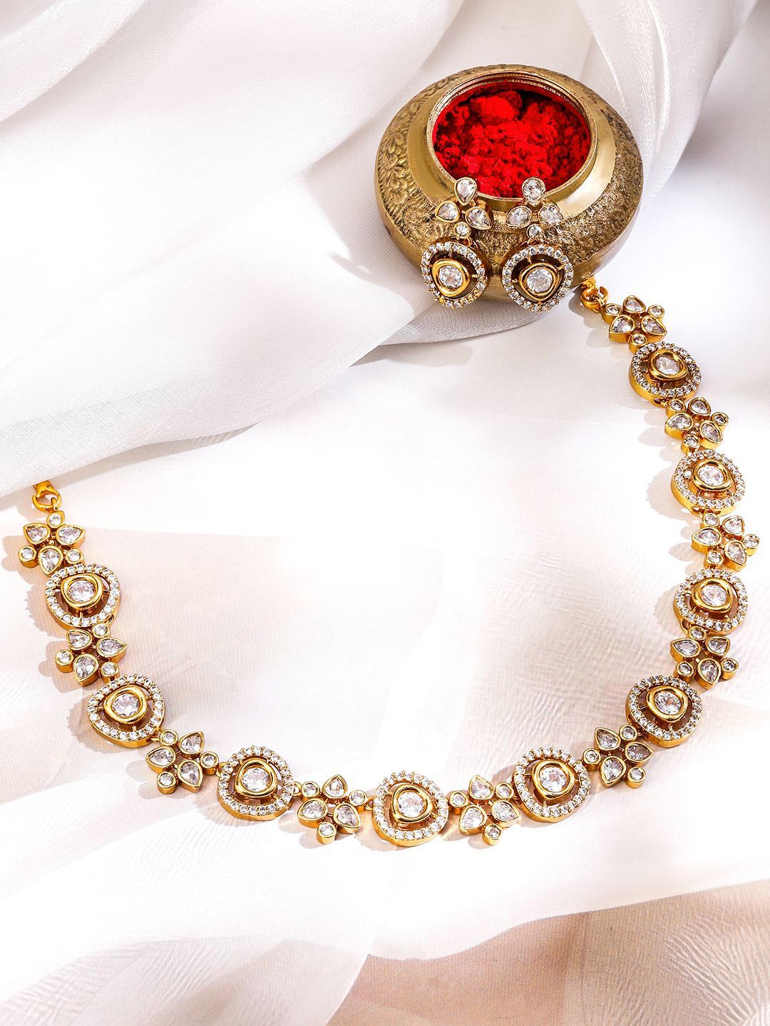 Rubans 22K Gold-Plated White Cubic Zirconia Floral Vine Necklace Set with Earrings-picture-41