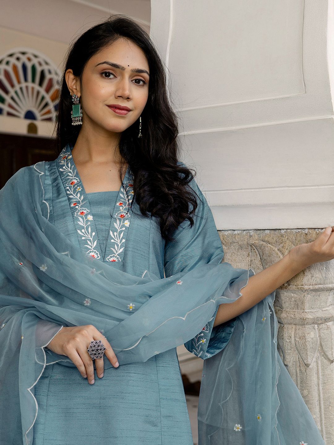 SKYLEE Floral Embroidered Square Neck Straight Kurta With Trousers & Dupatta