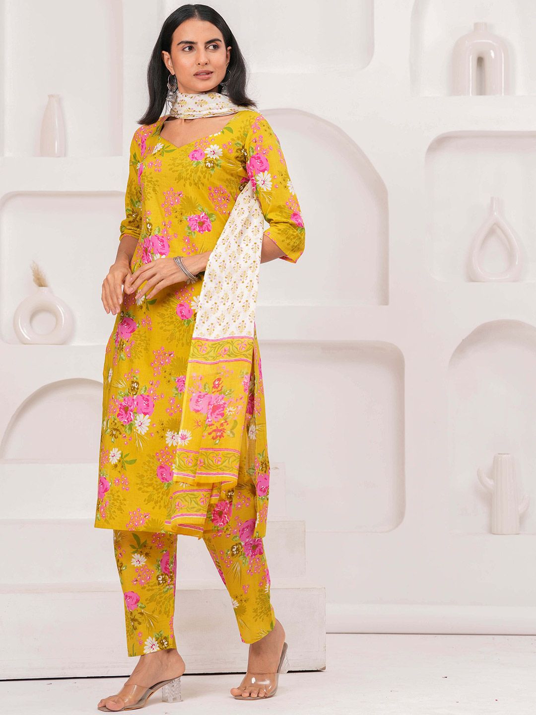Nayo Floral Printed Sweetheart Neck Pure Cotton Straight Kurta With Palazzos & Dupatta