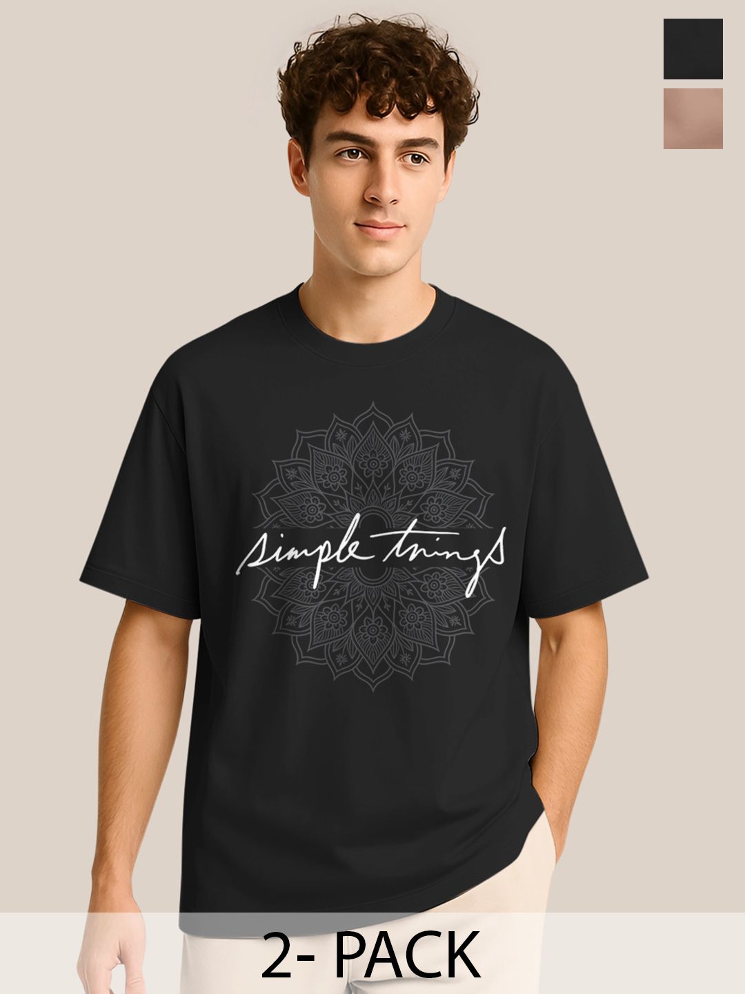 BULLMER Pack Of 2 Typography Printed Crew Neck Drop Shoulder Oversized T-shirts-image-9