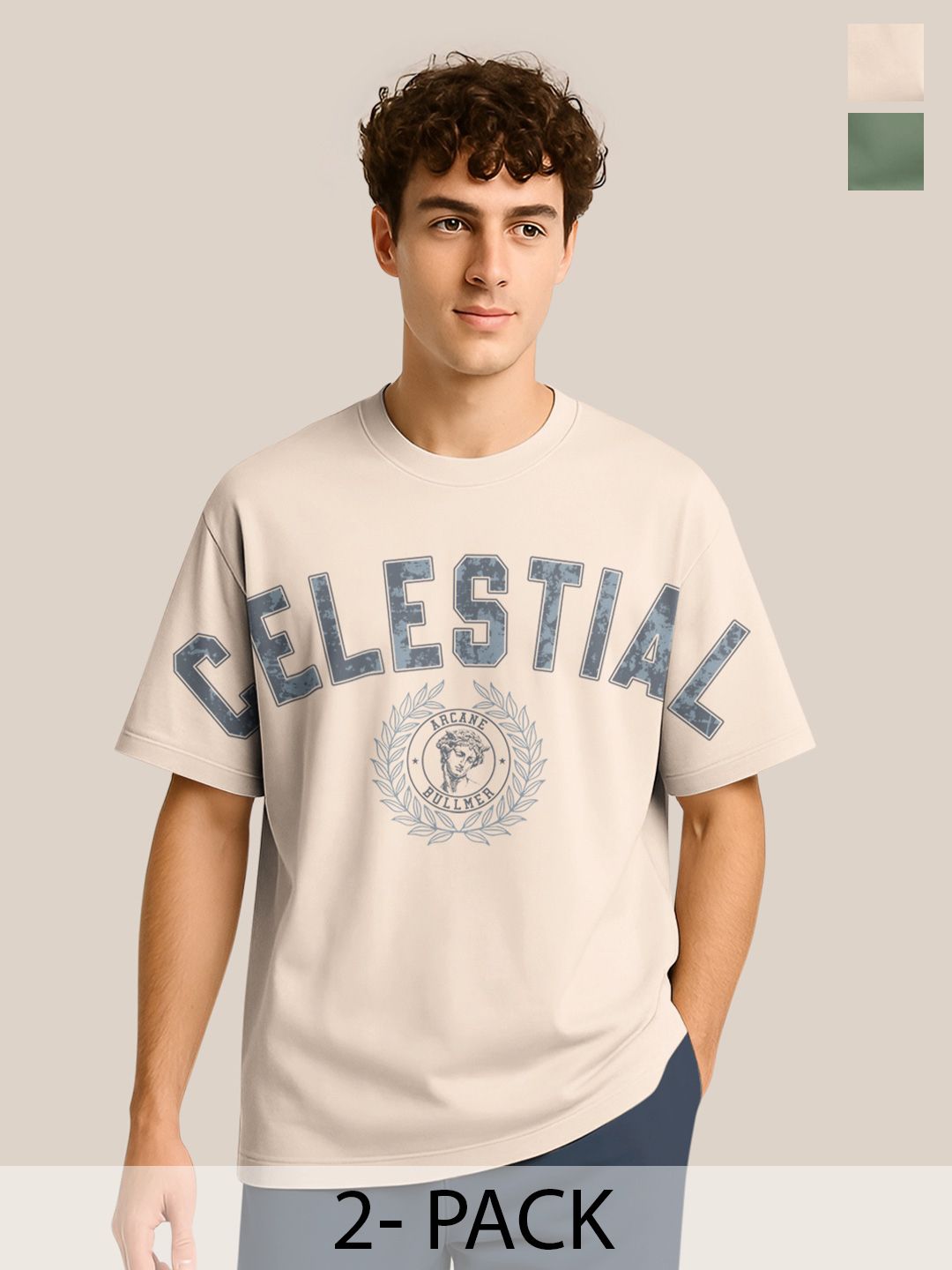 BULLMER Pack Of 2 Typography Printed Crew Neck Drop Shoulder Oversized T-shirts-image-46