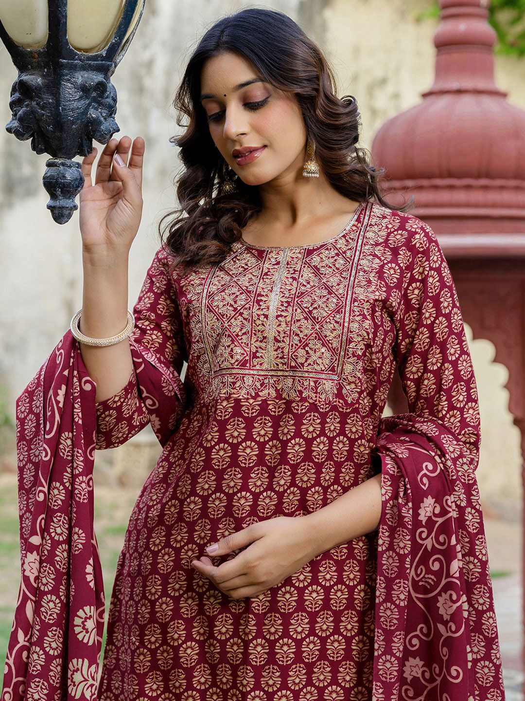 SKYLEE Floral Printed Round Neck Sequinned Kurta With Trousers & Dupatta