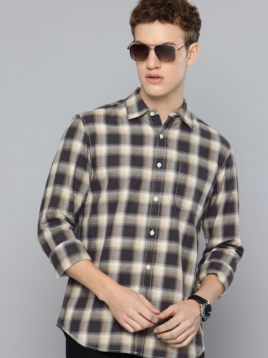 Flying Machine Pure Cotton Tartan Checked Slim Fit Casual Shirt-picture-33