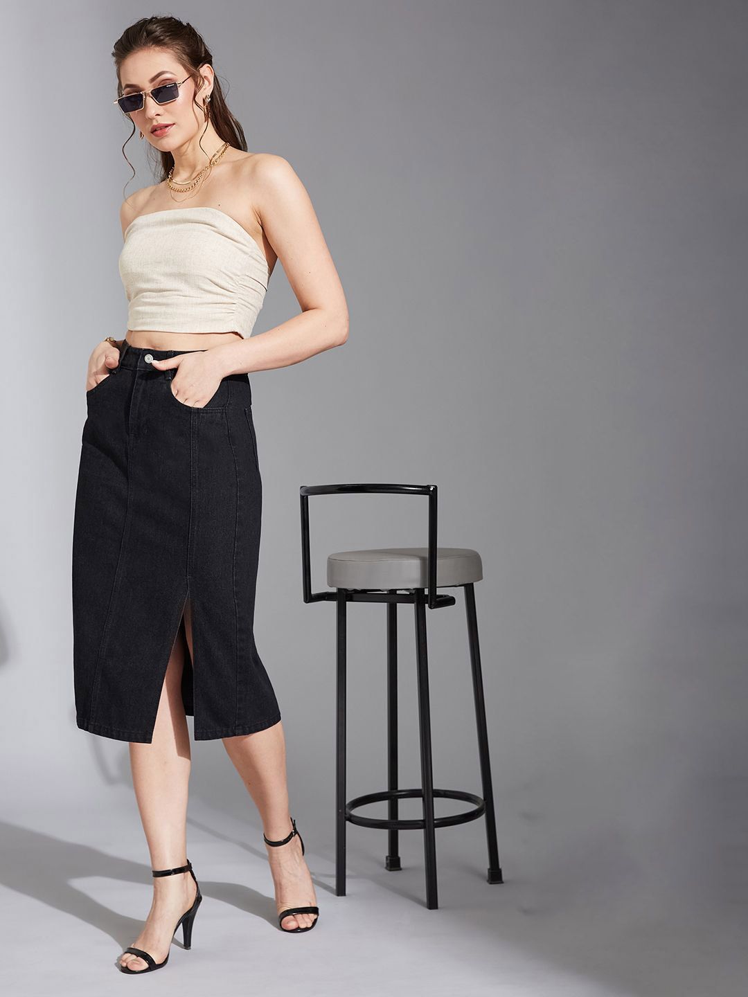 Life With Pockets Straight-Fit High-Rise Clean-Look Stretchable Denim Midi Skirt view 3