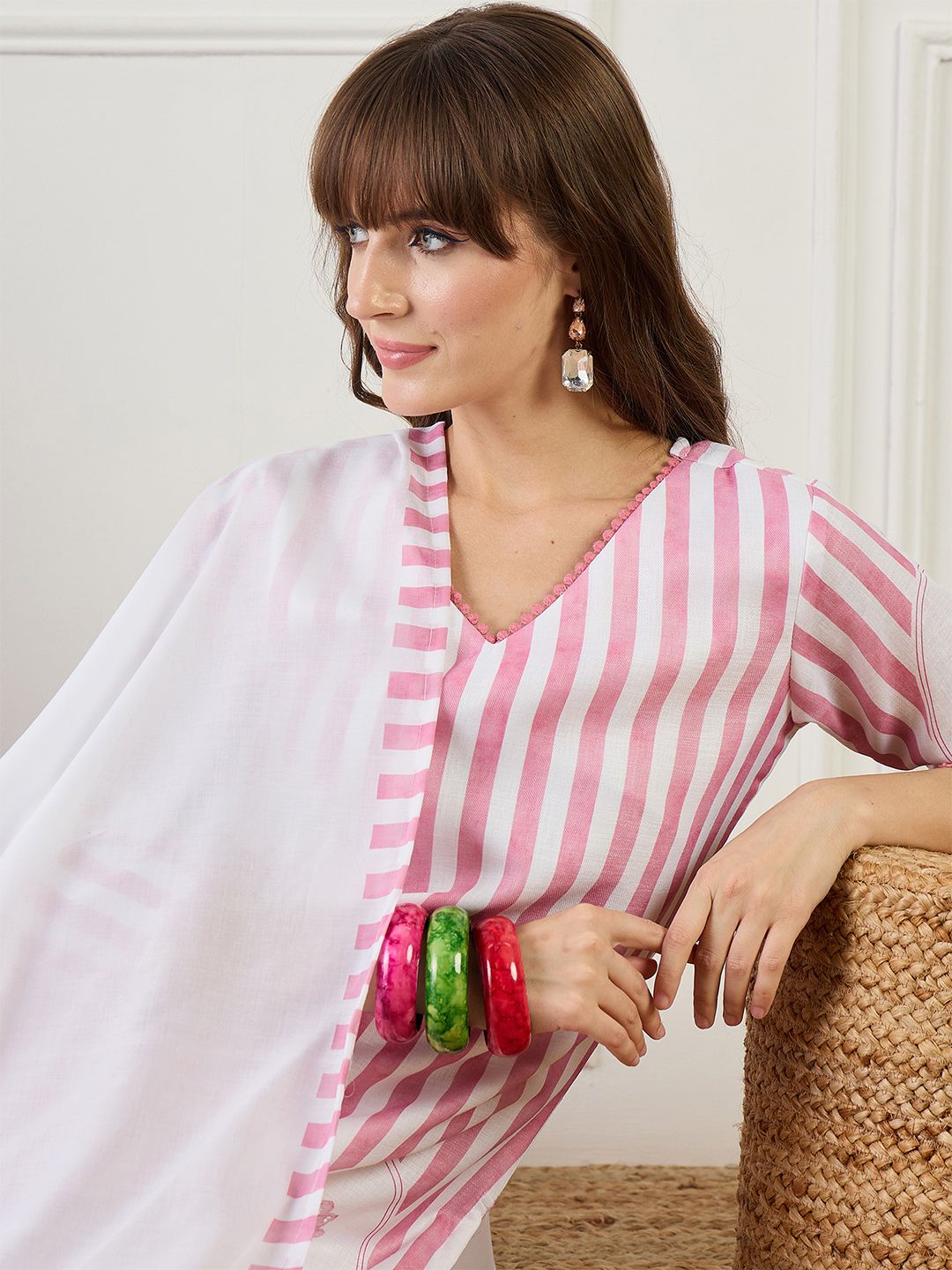 Indo Era Striped Straight Kurta With Trouser & Dupatta