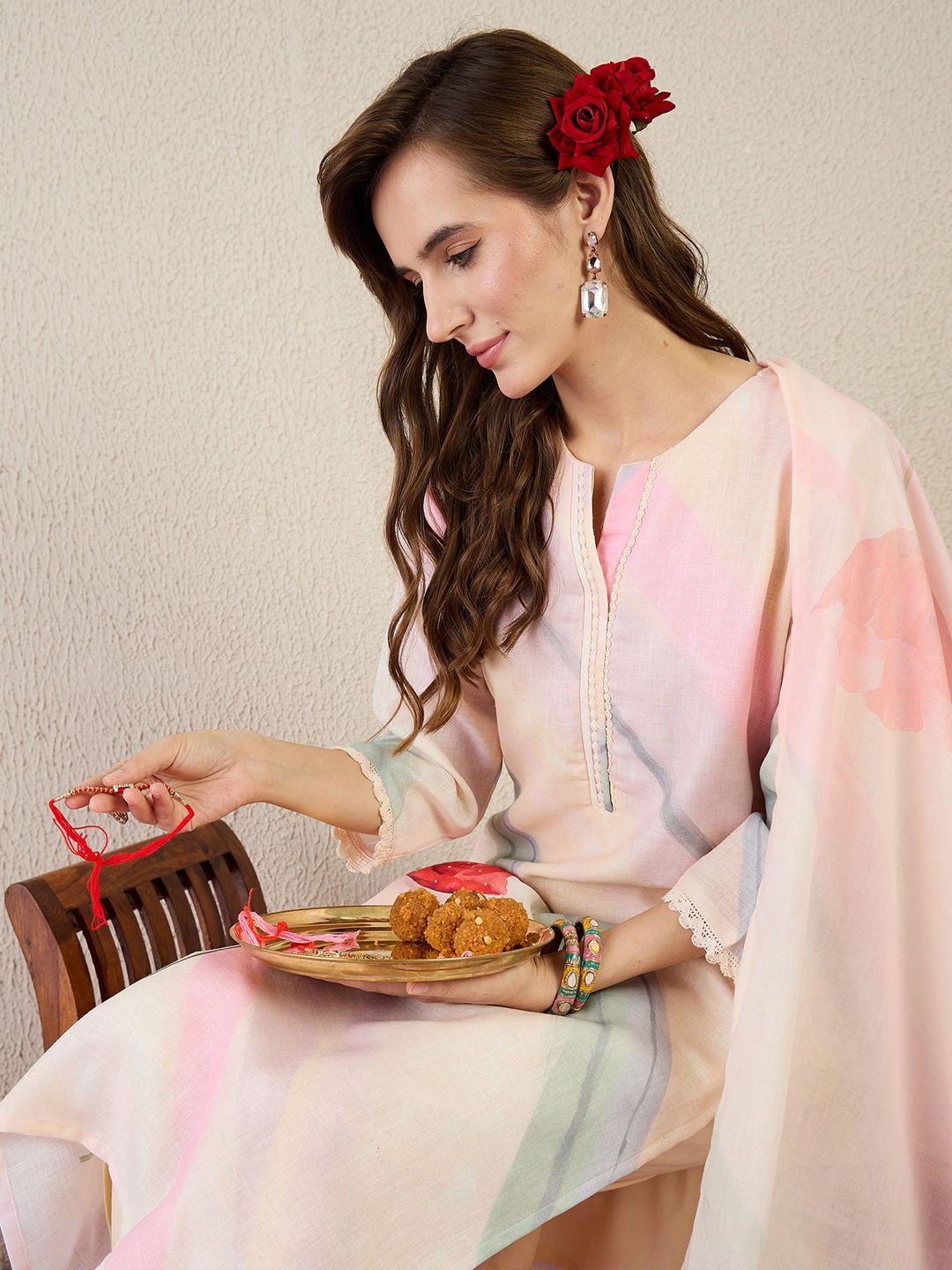 Indo Era Floral Printed Notch Neck Straight Kurta With Trouser & Dupatta