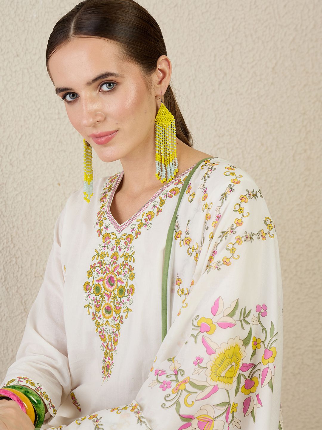 Indo Era Floral Printed V-Neck Pure Cotton Straight Kurta With Trouser & Dupatta