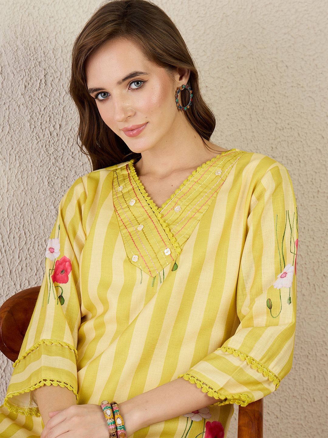Indo Era Striped V-Neck Linen Straight Kurta With Trouser
