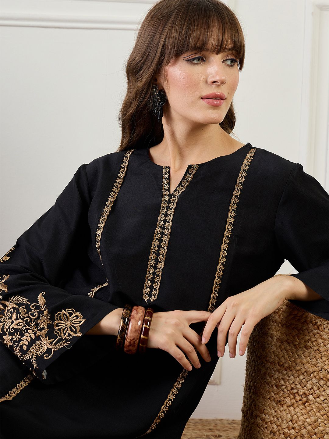 Indo Era Embroidered Round Neck Top With Trousers Co-Ords-picture-28