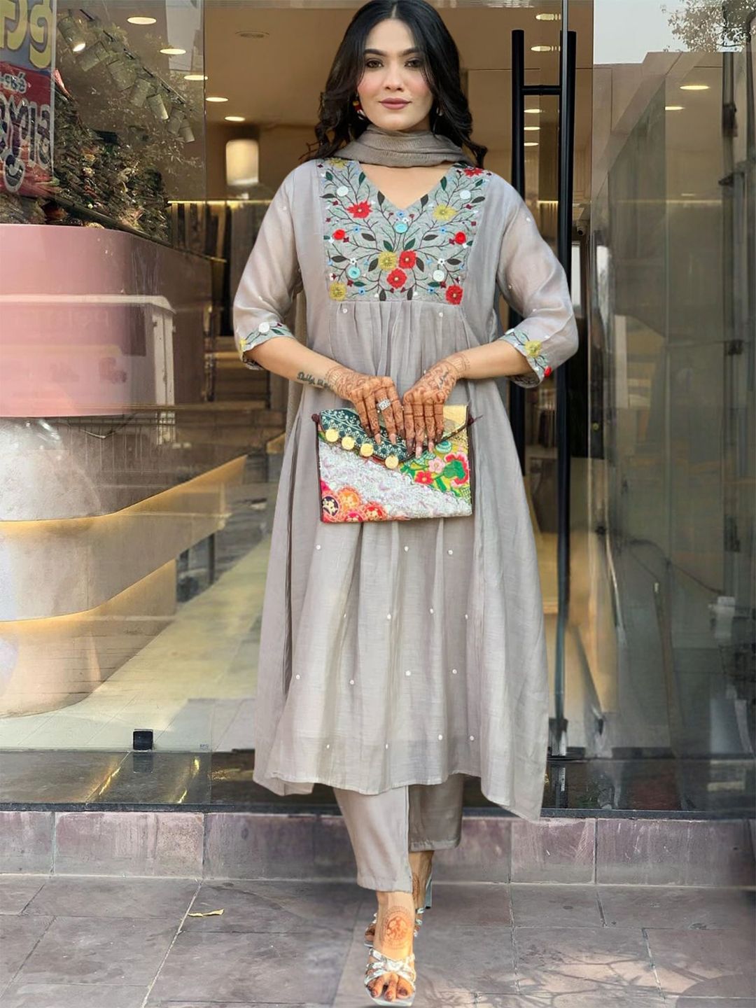 KALINI Floral Embroidered A-Line Thread Work Kurta With Trousers & Dupatta