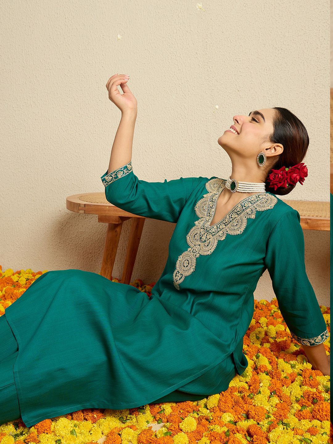Indo Era Women Ethnic Motifs Embroidered V-Neck Regular Sequinned Kurta with Trousers