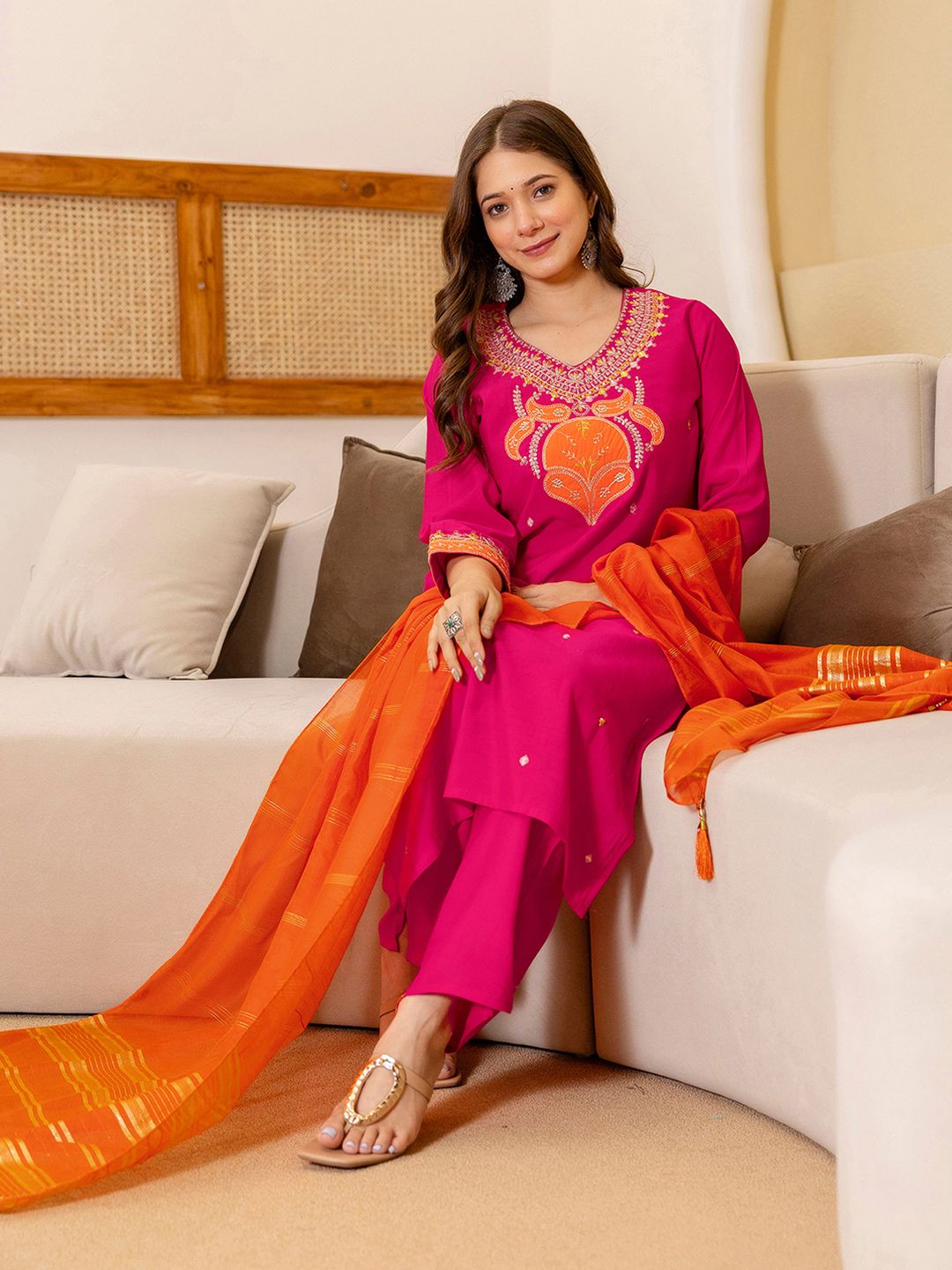 SANISA Floral Embroidered Sequinned Straight Kurta With Trousers & Dupatta
