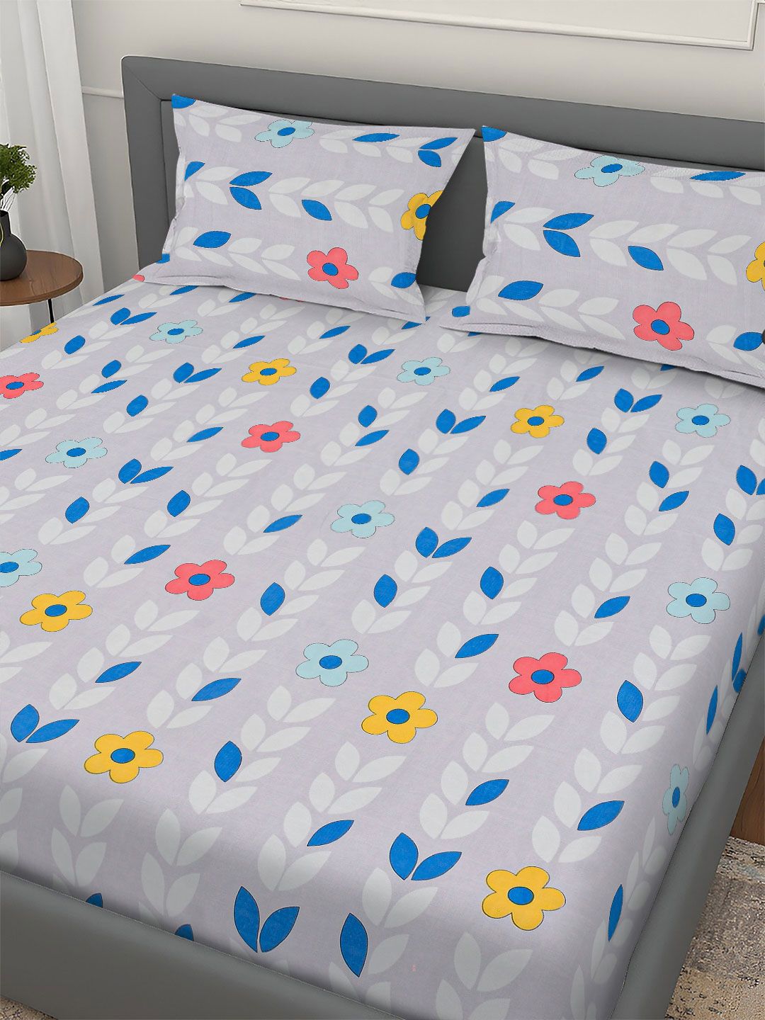 Aura Grey & White Floral Printed 350 TC King Fitted Bedsheet Set 2.5 m x 2.15 m-picture-23