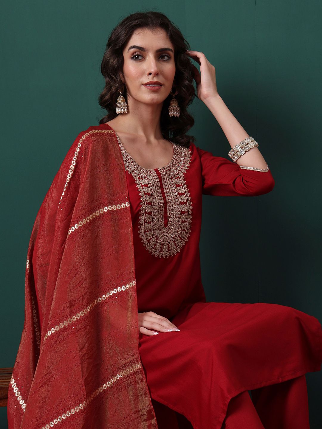 Royal Export Women Floral Embroidered Regular Thread Work Kurta with Trousers & Dupatta