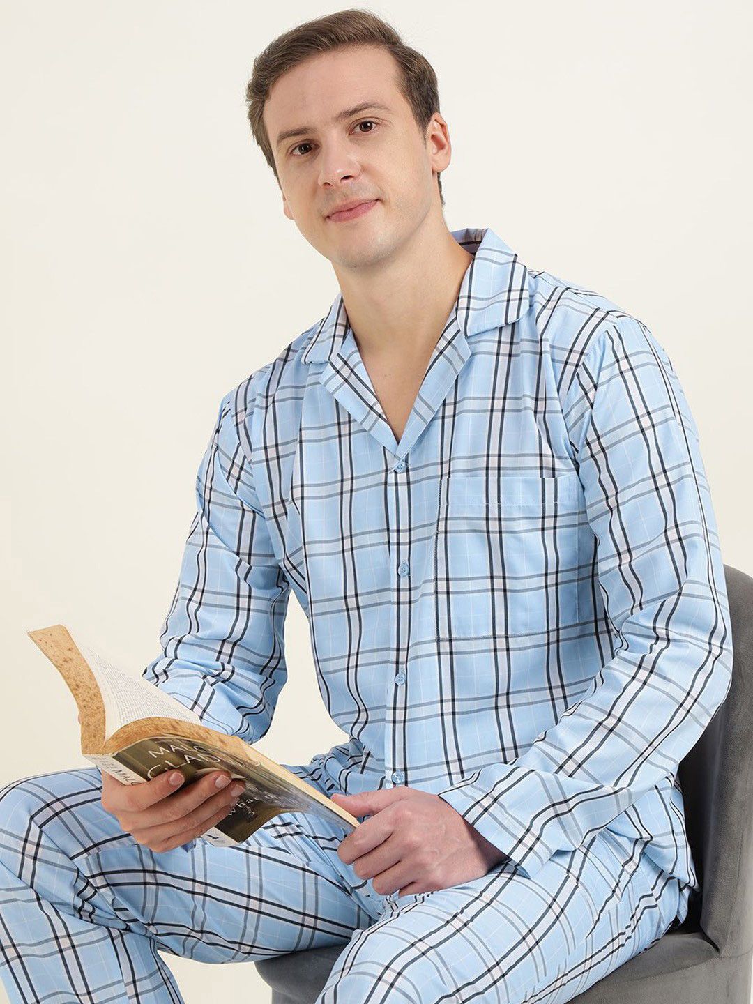 English Navy Men Checked Night suit-image-7
