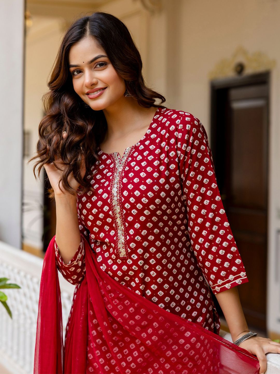 KALINI Ethnic Motifs Embroidered Notch Neck Thread Work Kurta With Palazzos & Dupatta