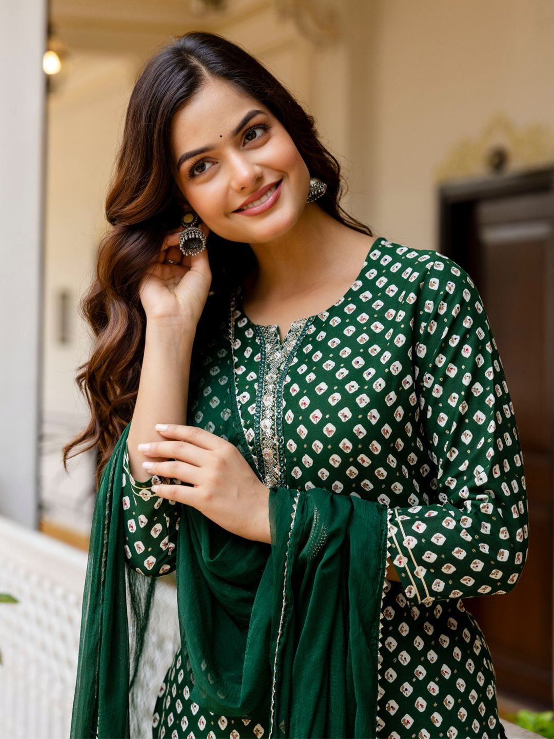 KALINI Ethnic Motifs Embroidered Notch Neck Straight Kurta With Trousers & Dupatta