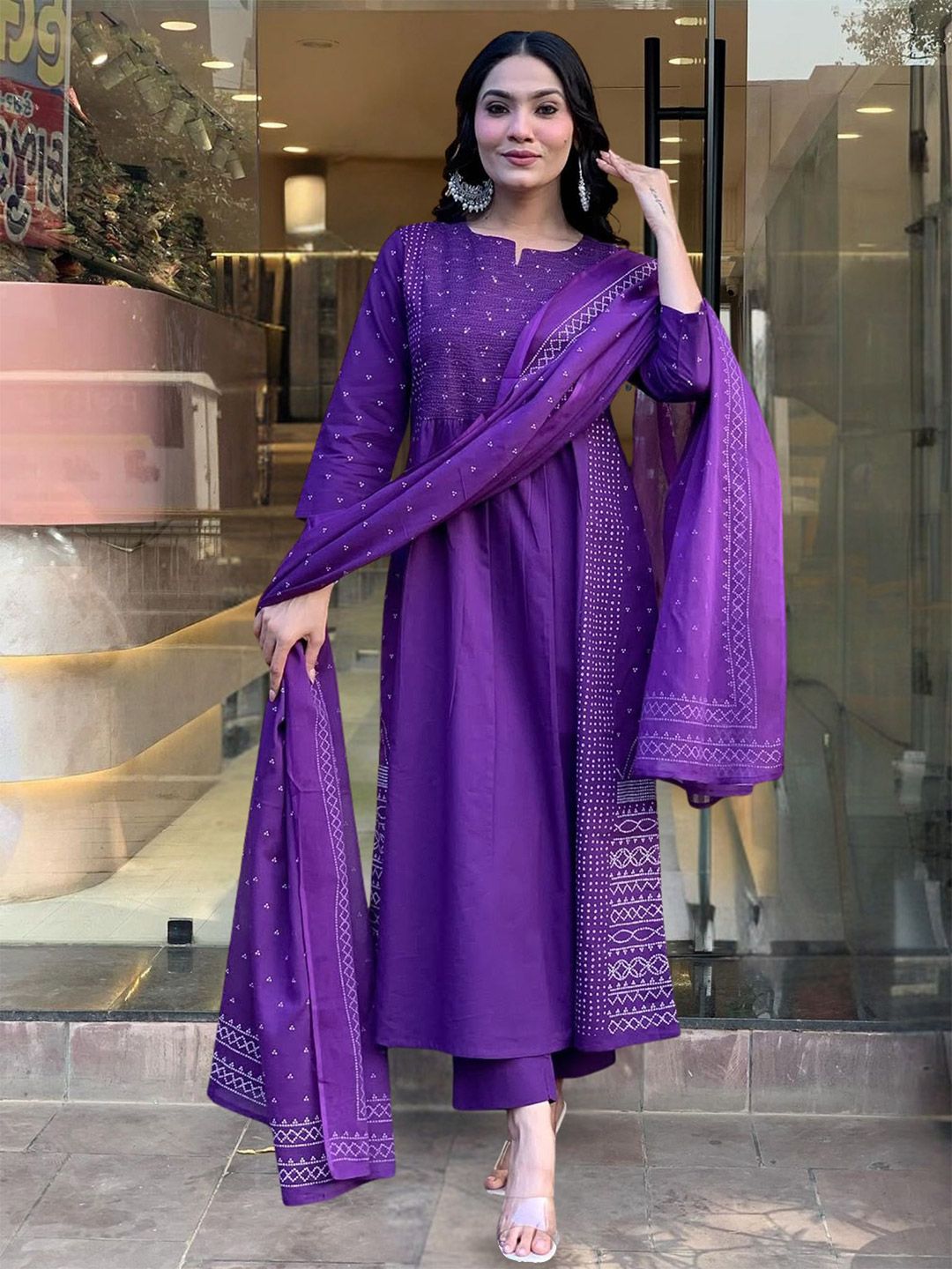 KALINI Embroidered Anarkali Thread Work Chanderi Silk Kurta With Trousers & Dupatta