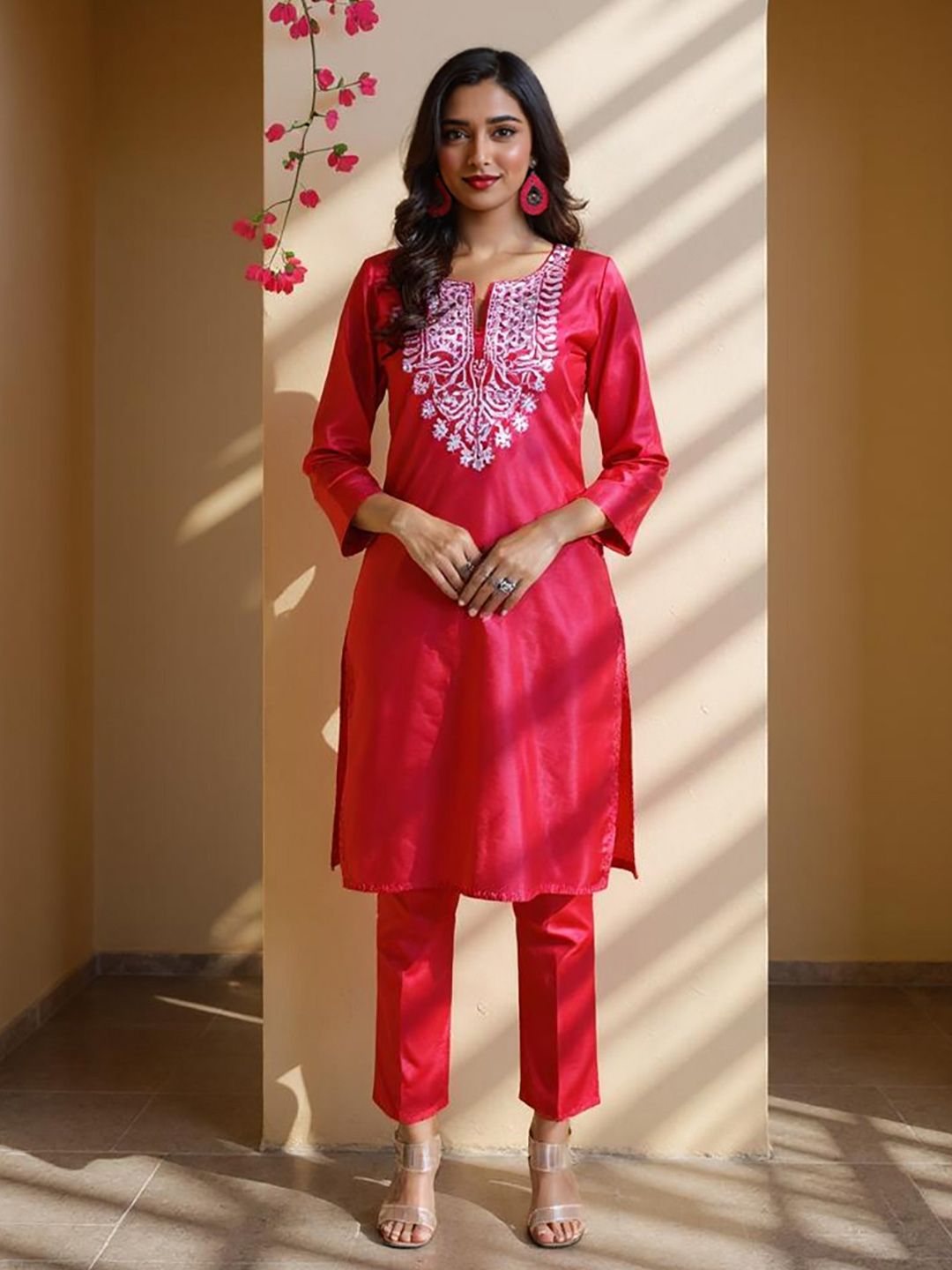 SZN Floral Yoke Design Notch Neck Thread Work Cotton Silk Straight Kurta With Trouser