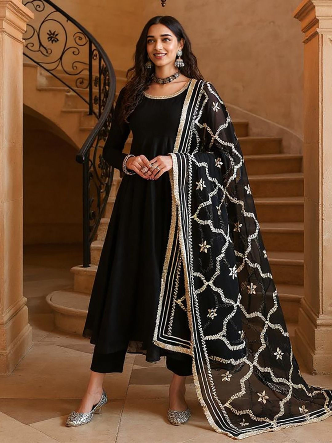 SZN Round Neck Empire Pure Cotton Anarkali Kurta With Trousers & Dupatta