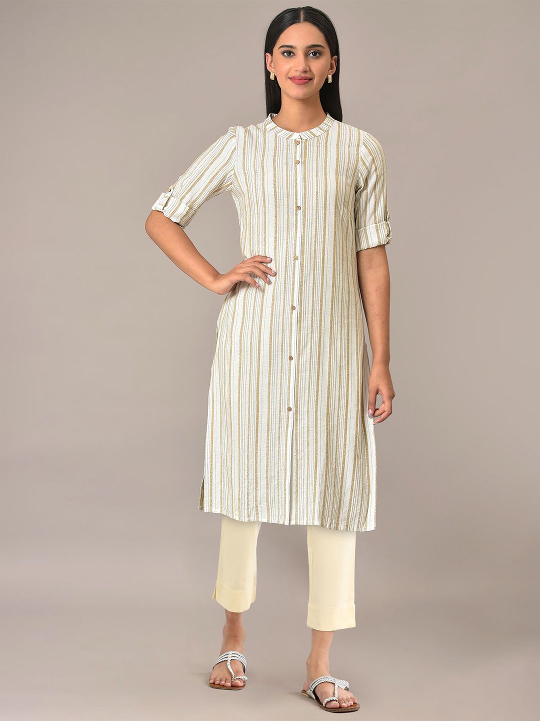 AURELIA Women Striped Roll-Up Sleeves Straight Kurta with Trousers