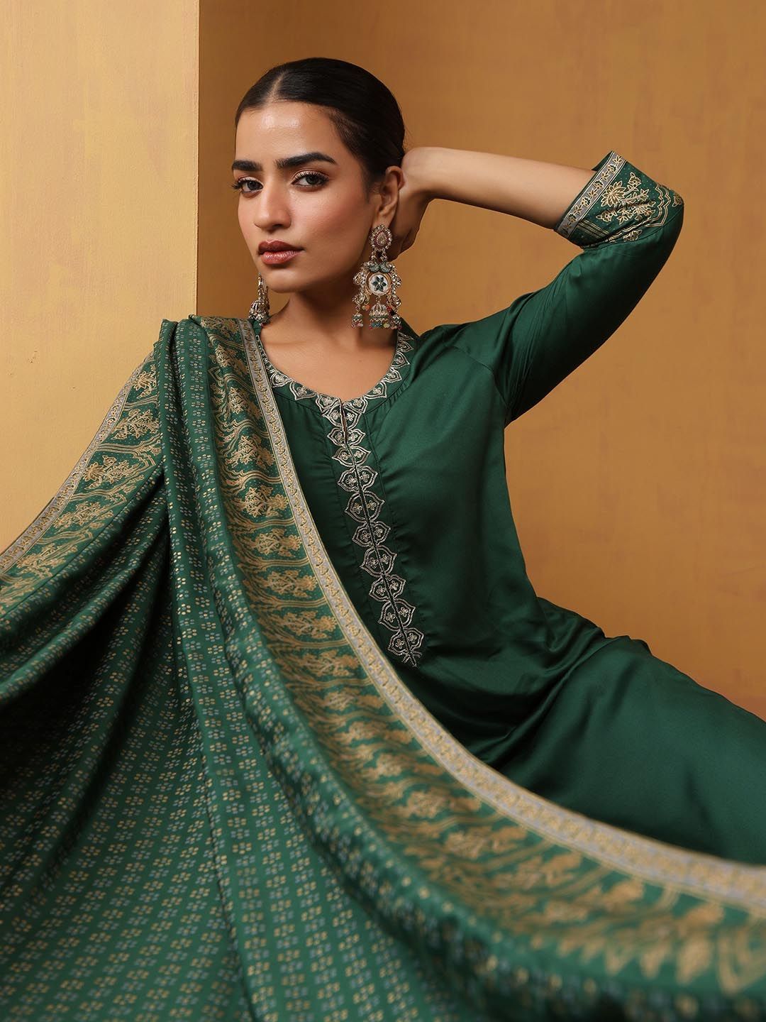 Khushal K Ethnic Motifs Embroidered Zari Notch Neck Straight Kurta With Palazzos & Dupatta