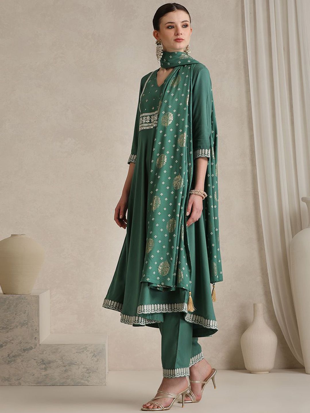 Khushal K Ethnic Motifs Embroidered Anarkali Sequinned Kurta With Palazzos & Dupatta