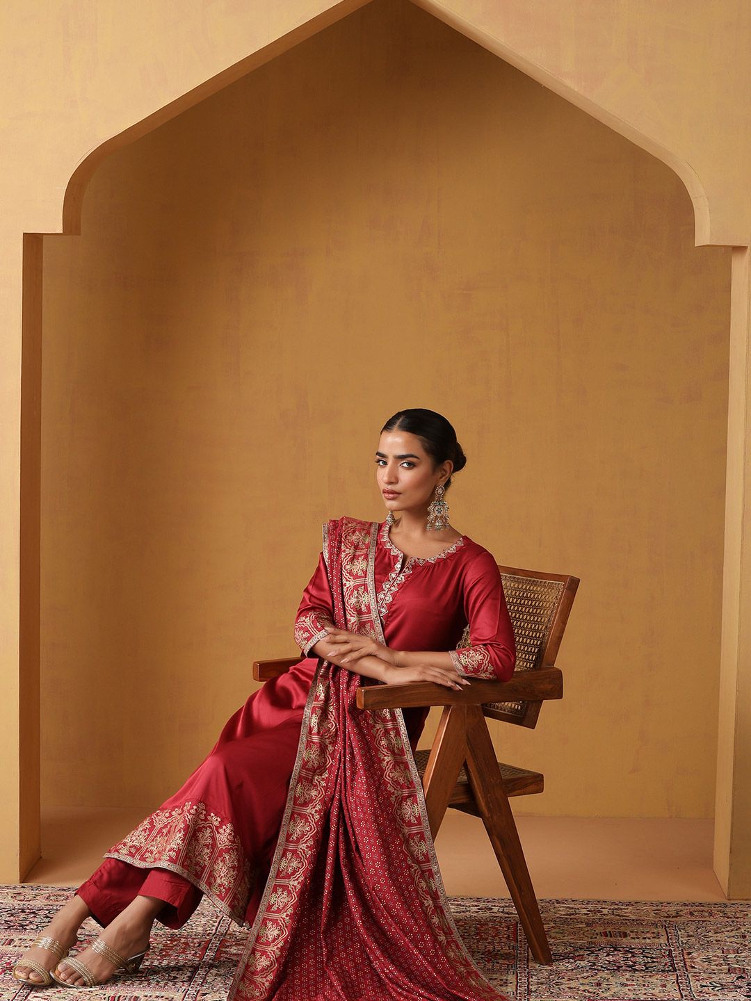 Khushal K Women Ethnic Motifs Embroidered Regular Kurta with Palazzos & With Dupatta