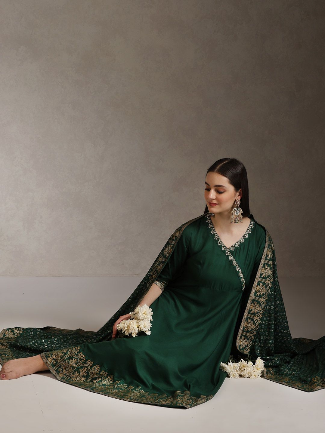 Khushal K Floral Printed Anarkali Thread Work Kurta With Palazzos & Dupatta