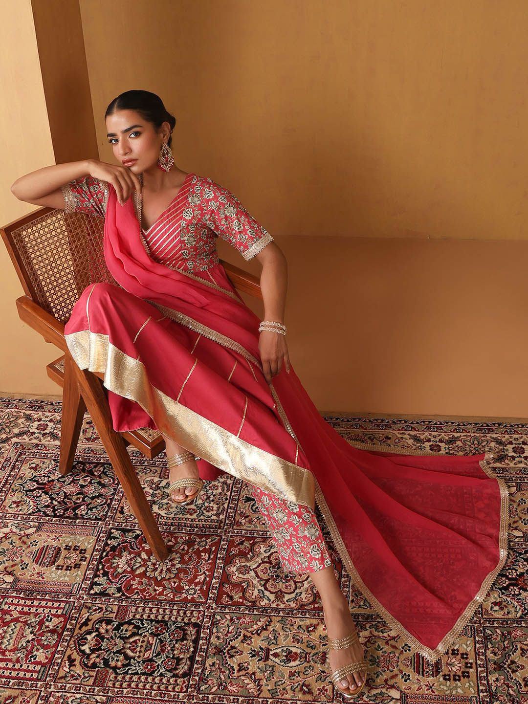 Khushal K Floral Embroidered Anarkali Sequinned Kurta With Palazzos & Dupatta