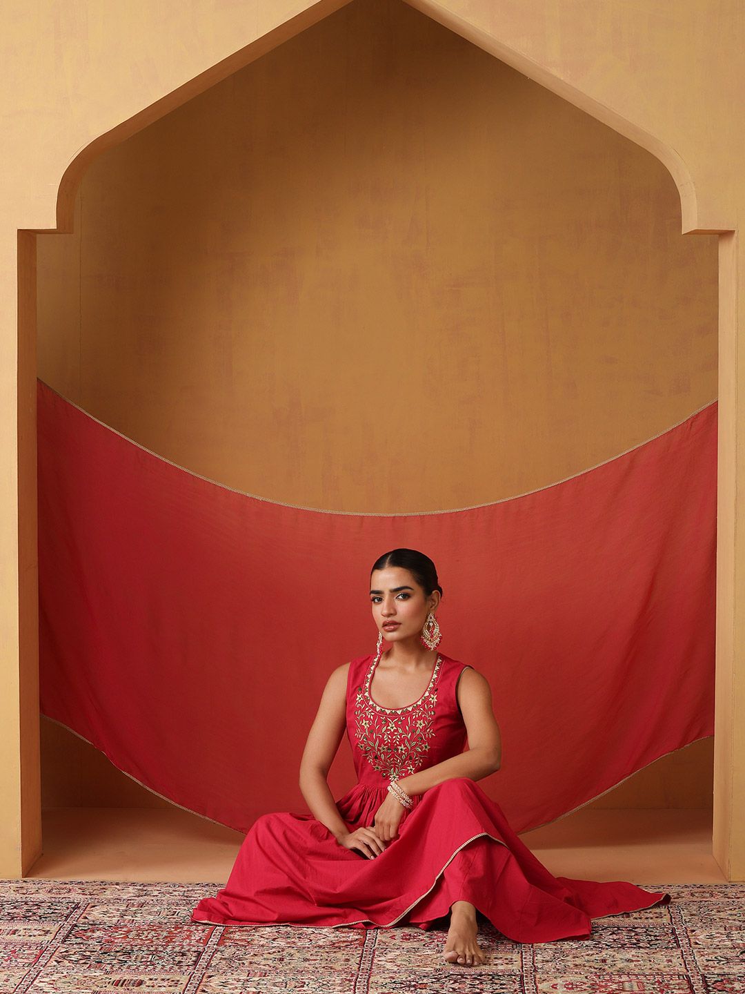 Khushal K Women Ethnic Motifs Embroidered Thread Work Kurta with Palazzos & Dupatta