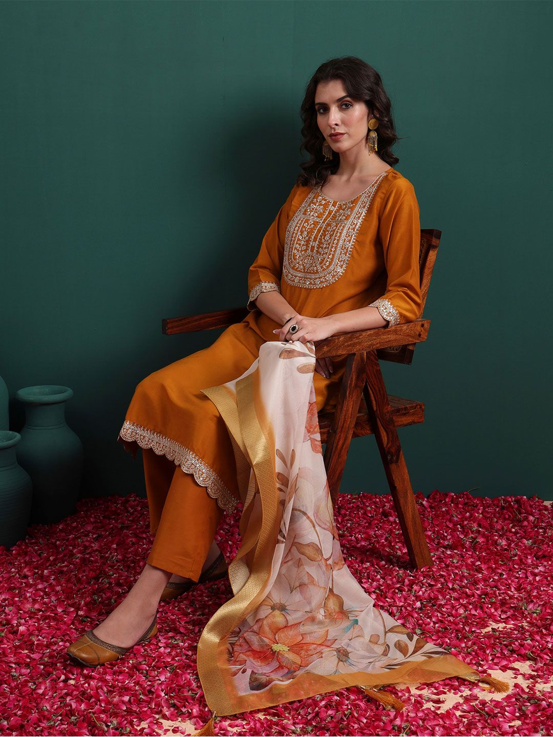 Royal Export Women Floral Embroidered Kurta with Trouser & Dupatta