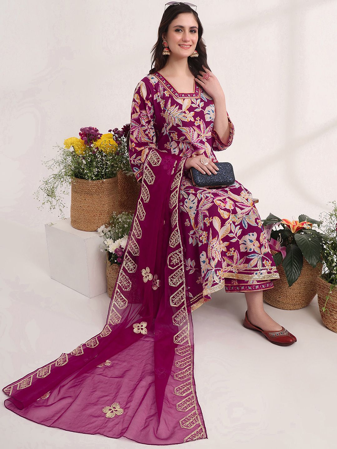 SANISA Floral Printed Gotta Patti Anarkali Kurta With Palazzos & Dupatta