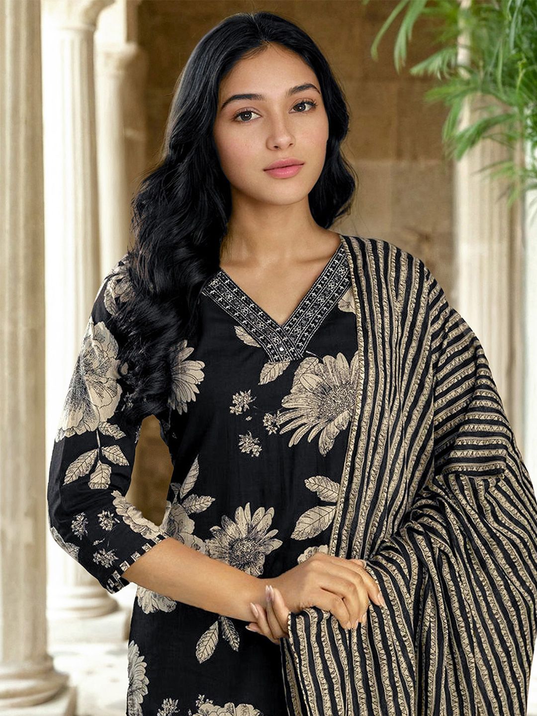 SKYLEE Floral Printed V-Neck Straight Kurta With Trousers And Dupatta
